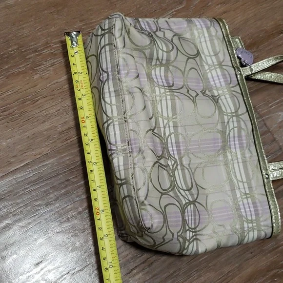 COACH Metallic Gold Plaid Monogram Logo Mini Handbag Luxury Formal Occassion - Picture 9 of 11